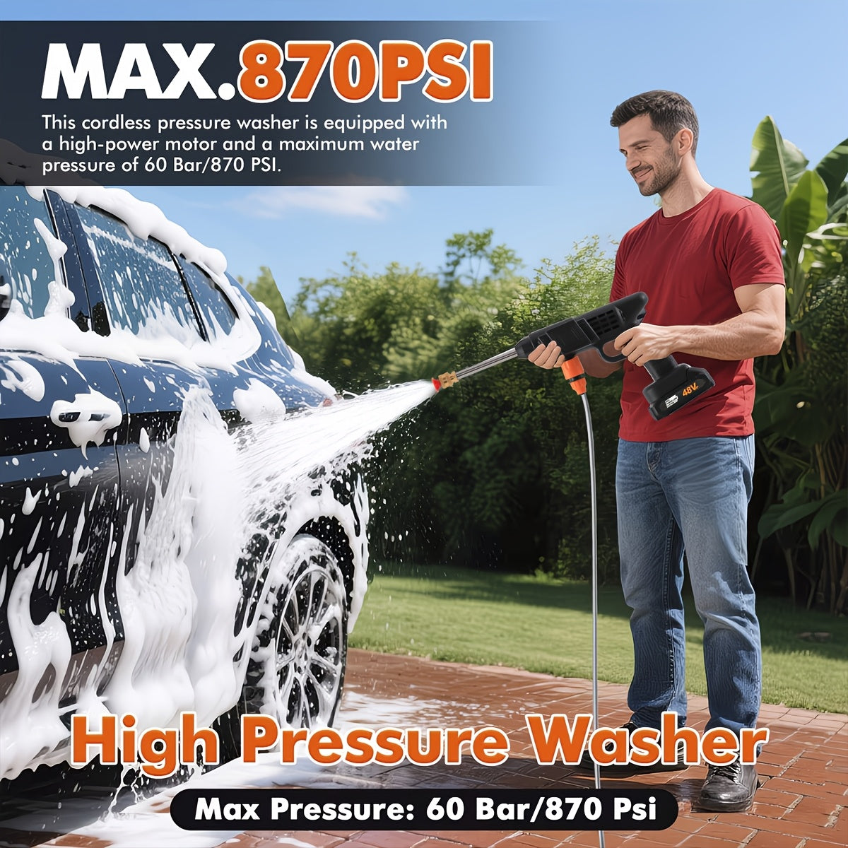 Cordless Pressure Washer with Rechargeable, 5m, 3000PSI 1500W Batteries 5m Hose Portable - product gallery image 2