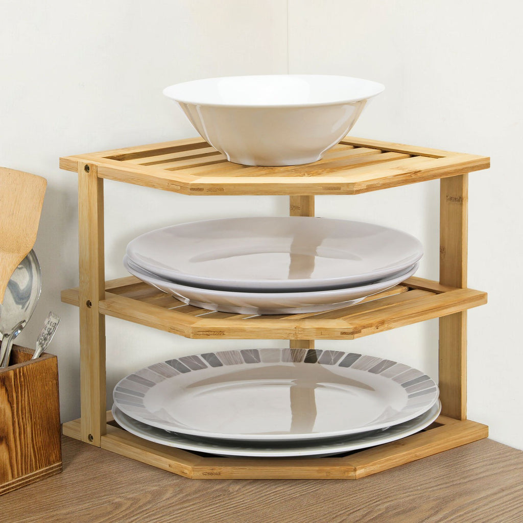 Corner Shelf with Easy Assembly, Bamboo, 3-Tier Bamboo Organiser Cupboard Countertop - product gallery image 2