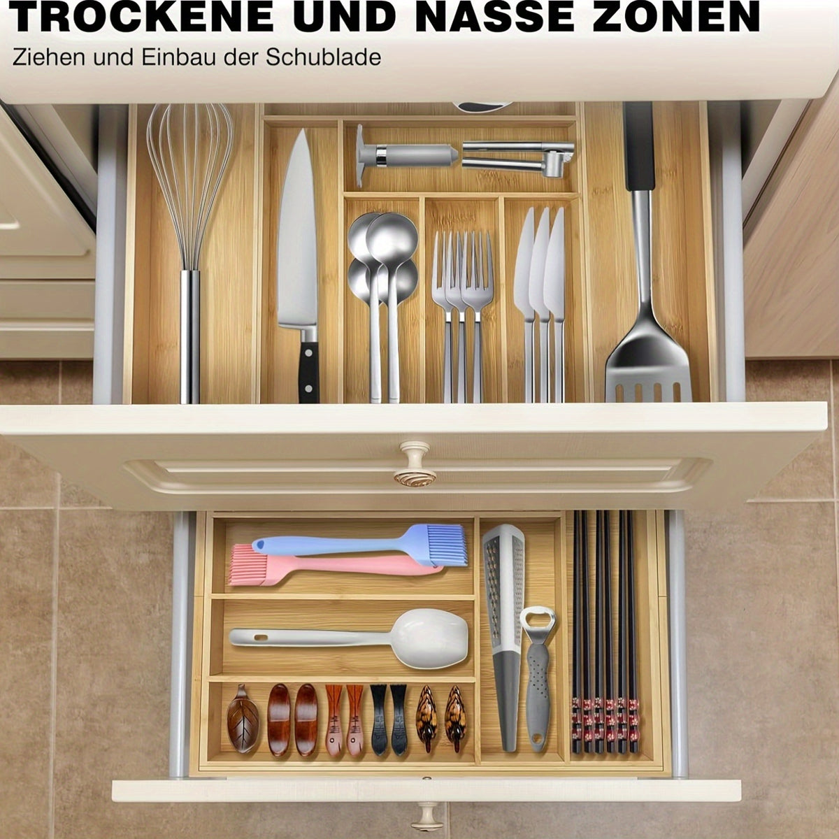 Cutlery Organiser with Waterproof, 43 Cm, 5 Cm, Wood, Cutlery Tray-Black - product gallery image 5