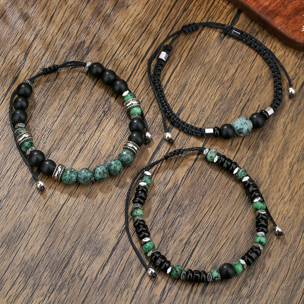 3pcs Set, Natural Stone Turquoise with Black Onyx Men's Bracelet - Stretchable Stackable Bohemian Style Beaded Bracelet, Suitable for Casual Wear / Party Occasions, Father's Day Valentine's Day Christmas Gift