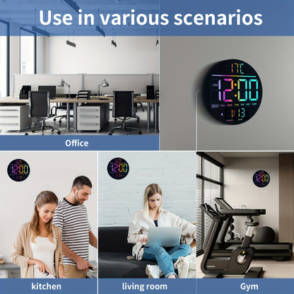 A Large 10-Inch Digital Wall Clock Featuring 8 RGB Colors, Remote Control, Temperature Display, Date, Automatic Daylight Saving Time Adjustment, Night Light, Auto Brightness Dimmer