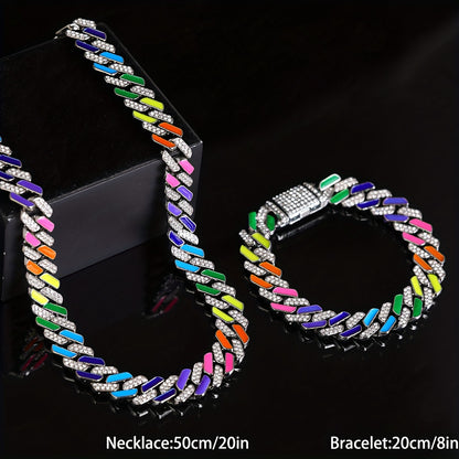 2pcs of Hip-Hop Fashion Style Colorful Oil Drop Spliced Innovative -Shaped Men'S Cuban Chain Fully Studded Necklace