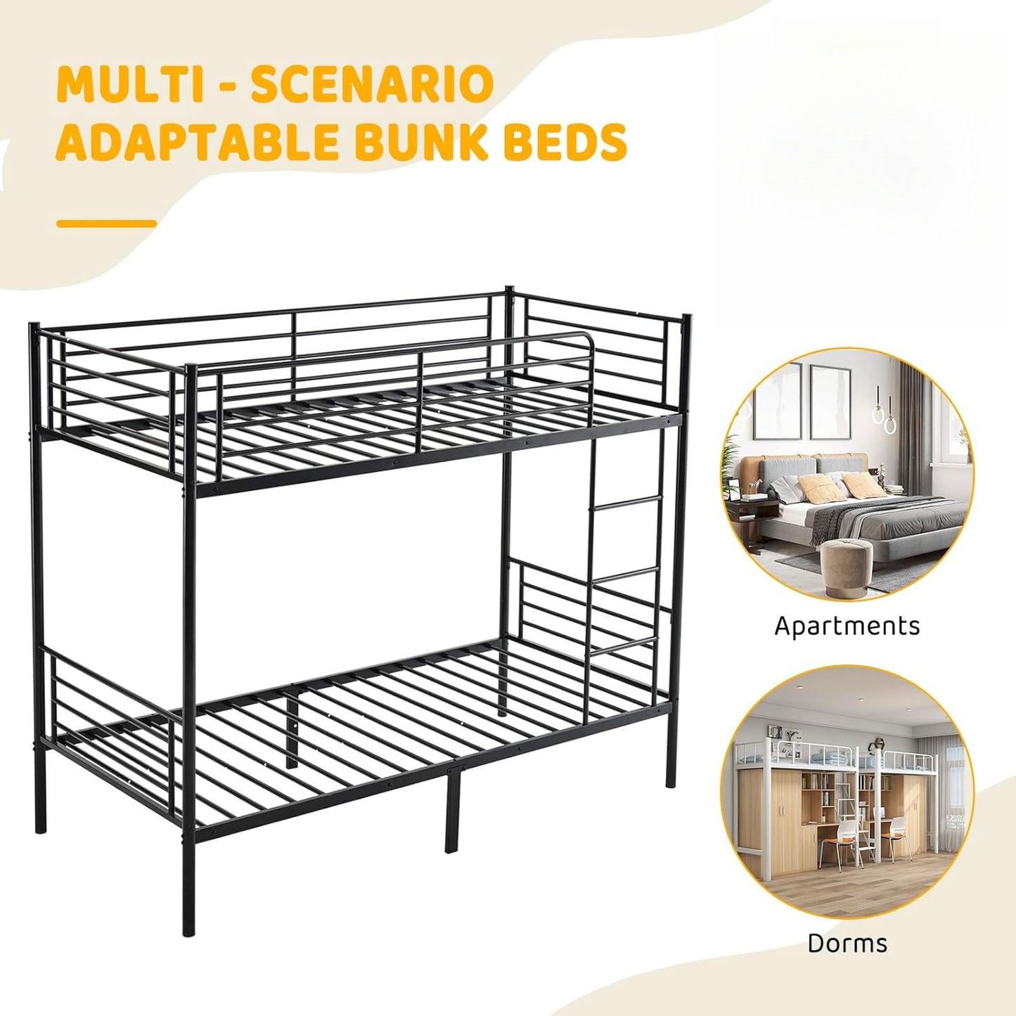 Adult Bunk Bed, Sturdy Twin Over Twin Metal Structure Featuring an Integrated Safety Ladder, Complete Guardrails, Underbed Storage Space, Black Coating