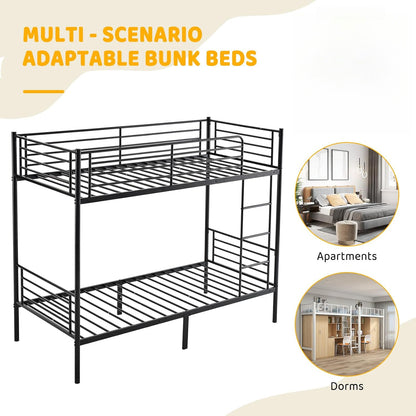 Adult Bunk Bed, Sturdy Twin Over Twin Metal Structure Featuring an Integrated Safety Ladder, Complete Guardrails, Underbed Storage Space, Black Coating