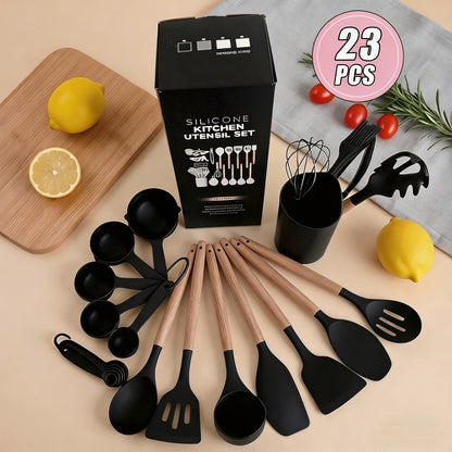 23 pcs Silicone Utensil Set, Kitchen Utensil Set, Safety Cooking Utensils Set, Non-Stick Cooking Utensils Set with Wooden Handle, Washable Modern Cookware, Kitchen Stuff, Kitchen Gadgets, Kitchen Essentials, Cookware Kitchen Set, Ideal for Christmas