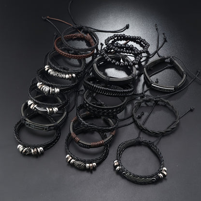 18pcs Vintage Hip Hop Bracelet Set - Punk Style, Faux Leather, Multi-Style Mix & Match Accessories for Men