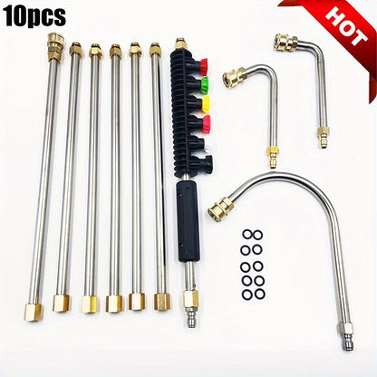 10pcs Stainless Steel Pressure Washer Extension Pole Set- Pressure Washer Extension Pole - 4000 PSI- 1/4In Quick Connect, 6 Nozzle Heads, 30?/90?/120? Elbow Pole for Roofs, Gutters, Ditches, Exterior Walls, Can Be Used to Clean Your Car