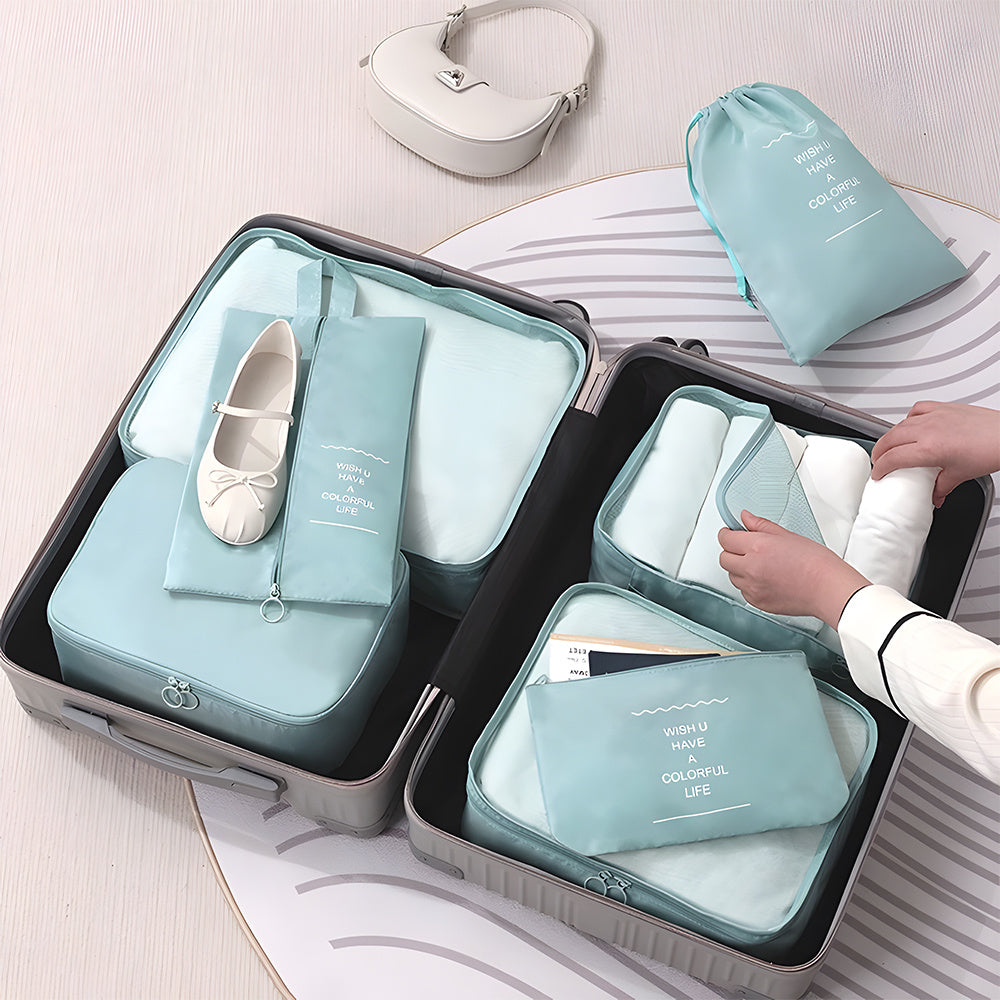 Packing Cubes Set of 7 for Suitcase – Travel Organiser Bags for Clothes, Shoes, Toiletries & Accessories, Oxford Fabric Luggage Sorting Pouches for Holiday & Business Travel in Grey, Pink, Blue & Beige