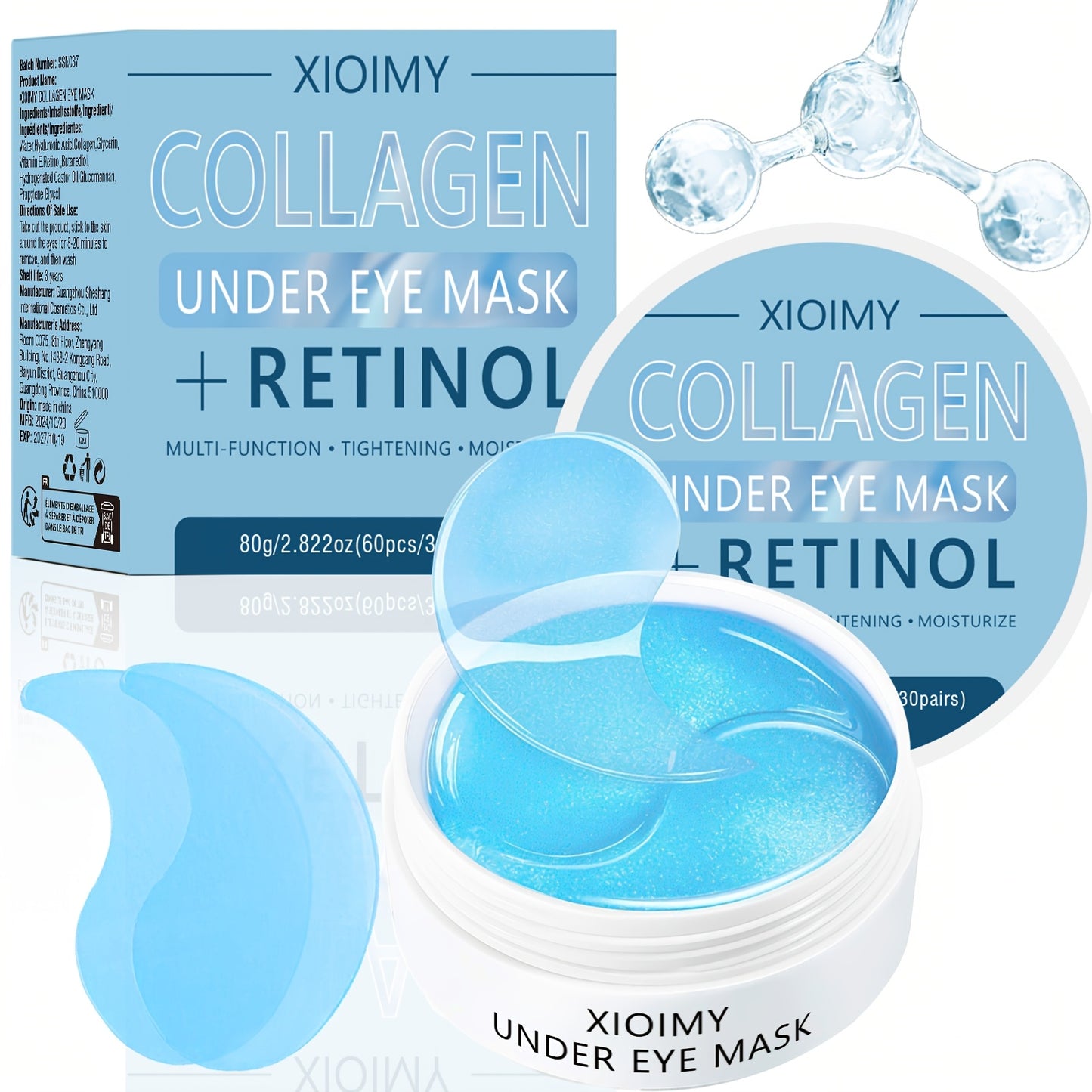60-Pcs Collagen and Retinol Eye Masks, Intensive Hydration, Deep Moisturizing, Leaves Eye Area Skin More Delicate and Firm, Gives Eye Skin Radiance, Improves Skin Elasticity, Eliminates Dryness and Dullness, Eye Care, Eye Masks, Eye Patches