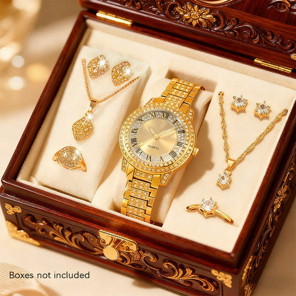 [Women's Jewelry Watch Set] 9pcs Set: Women's Fashion Elegant Quartz Jewelry Watch + 2 Sets of New Shiny Necklaces, Rings, and Earrings - Alloy Case, Quartz - Suitable for Valentine's Day, Easter, Halloween, Ramadan, Birthdays, Christmas, New Year, Daily