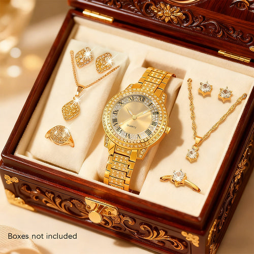 [Women's Jewelry Watch Set] 9pcs Set: Women's Fashion Elegant Quartz Jewelry Watch + 2 Sets of New Shiny Necklaces, Rings, and Earrings - Alloy Case, Quartz - Suitable for Valentine's Day, Easter, Halloween, Ramadan, Birthdays, Christmas, New Year, Daily