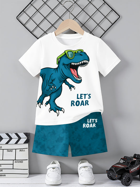 Boys' Fashion Short Sleeve Suit Summer T-Shirt Top And Casual Shorts 2Pcss Set Humorous Glasses Dinosaur Print Trendy Cool Casual Comfortable Short Sleeve Shorts 2Pcss Set for Boys Daily Outdoor Sports Wear Casual Outfits, for Outdoor