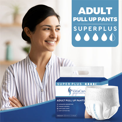 12 x Super Plus Absorbent Pants Women & Men | Adults Nappies | Advanced Absorption and Soft-Stretch Waistband | Adults Pull Up Pants | Waist Size Medium 65-135 cm | (1 Pack of 12)