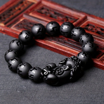 Obsidian Pixiu Six-Character Mantra Bracelet for Men, Frosted Six-Character Mantra Beads Single Circle Ornament Bracelet