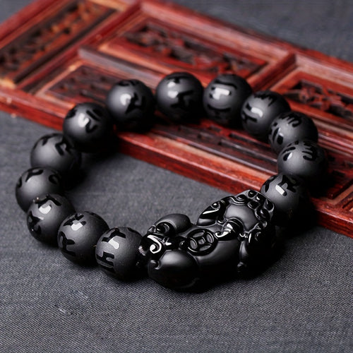 Obsidian Pixiu Six-Character Mantra Bracelet for Men, Frosted Six-Character Mantra Beads Single Circle Ornament Bracelet