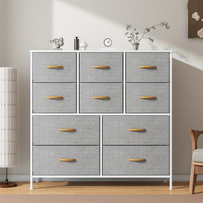 10-Drawer Dresser with Metal Frame & Fabric Drawers – MDF Top, Adjustable Legs & Anti-Tip Safety for Bedroom, Closet, Living Room & Office