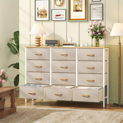 12 Drawer Chest of Drawers Fabric with Wooden Frame & Gold Handles – Tall Storage Unit for Bedroom Living Room Hallway Deep Grey Beige