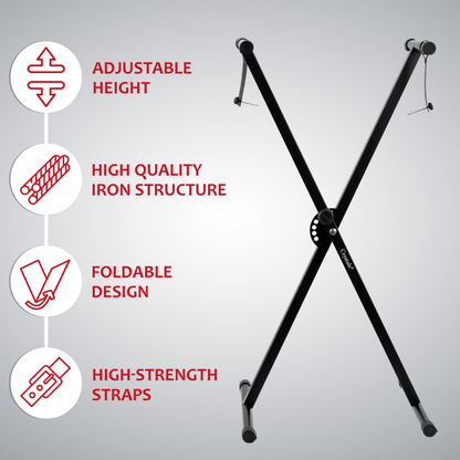 X-Frame Keyboard Stand - Height Adjustable Single/Double Braced for Keyboards, Synthesisers and Digital Pianos - Black