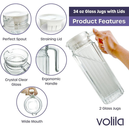 Fridge Jug Glass Water Jug with Lid - Clear Water Pitcher with Ribbed Glass Design & Handle for Fridge Shelf & Everyday - Juices, Pimms & Picnics