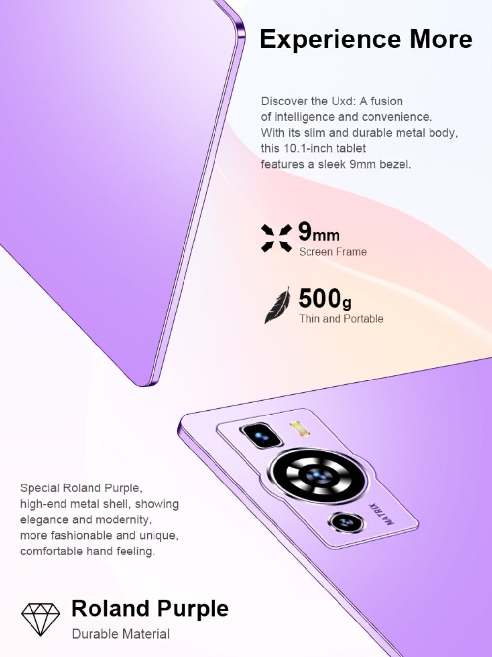 UXD A5 Android 15 Tablet 10.1 Inch 512GB ROM 16GB RAM LTE WiFi 6000mAh with Keyboard Mouse Stylus Case – 1TB Expandable HD Display Purple Grey Blue