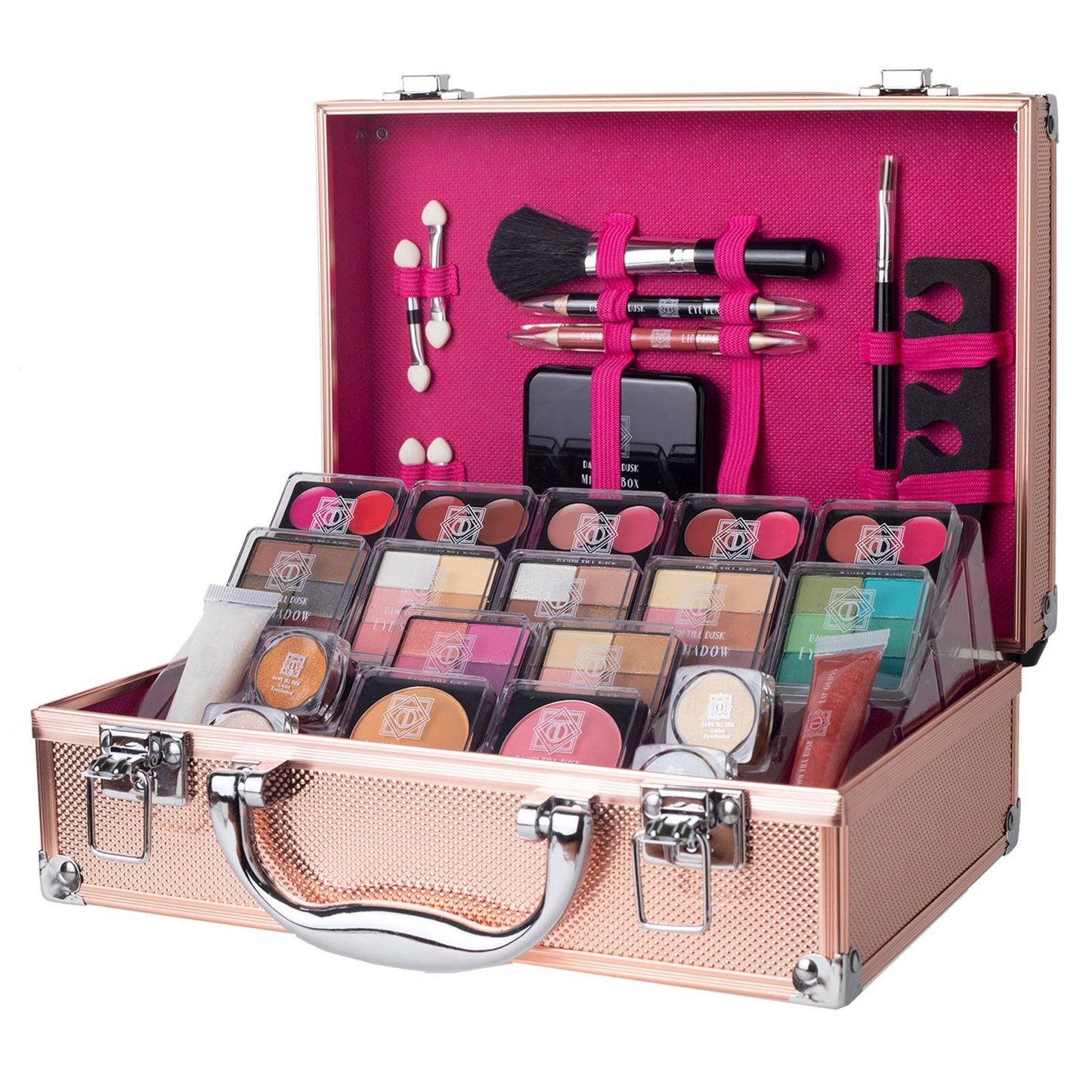 80-Piece Dawn to Dusk Makeup Large Storage Vanity Case Set, Rose Gold Beauty Kit