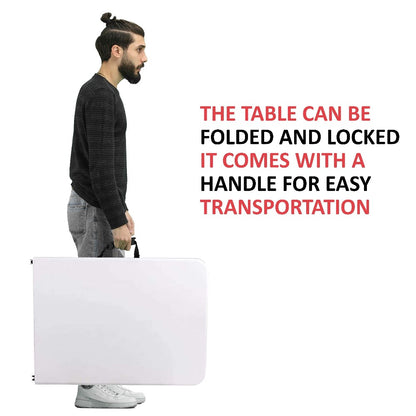 Folding Table 5ft 1.5m Heavy Duty Portable Trestle Table with Carry Handle, Sturdy White Plastic Camping Table with Steel Frame for BBQ, Picnic, Garden, Party, Market Stall & Office Use