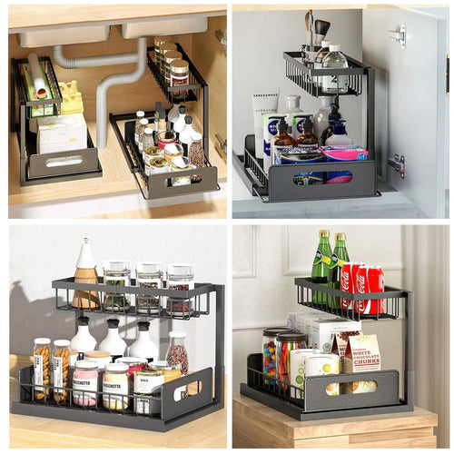 2 Tier Pull Out Basket Kitchen Under Sink Cupboard Organiser Drawer Storage Rack