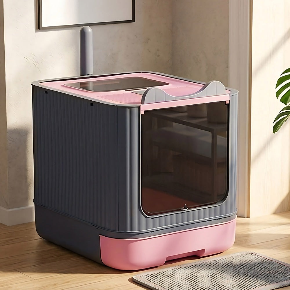 Enclosed Cat Litter Box with UV Sterilisation & Deodoriser | Large Hooded Cat Toilet with Drawer Tray & Scoop | Anti-Splash Odour Control Litter Tray | 44.5x36.5x34.5cm | Grey