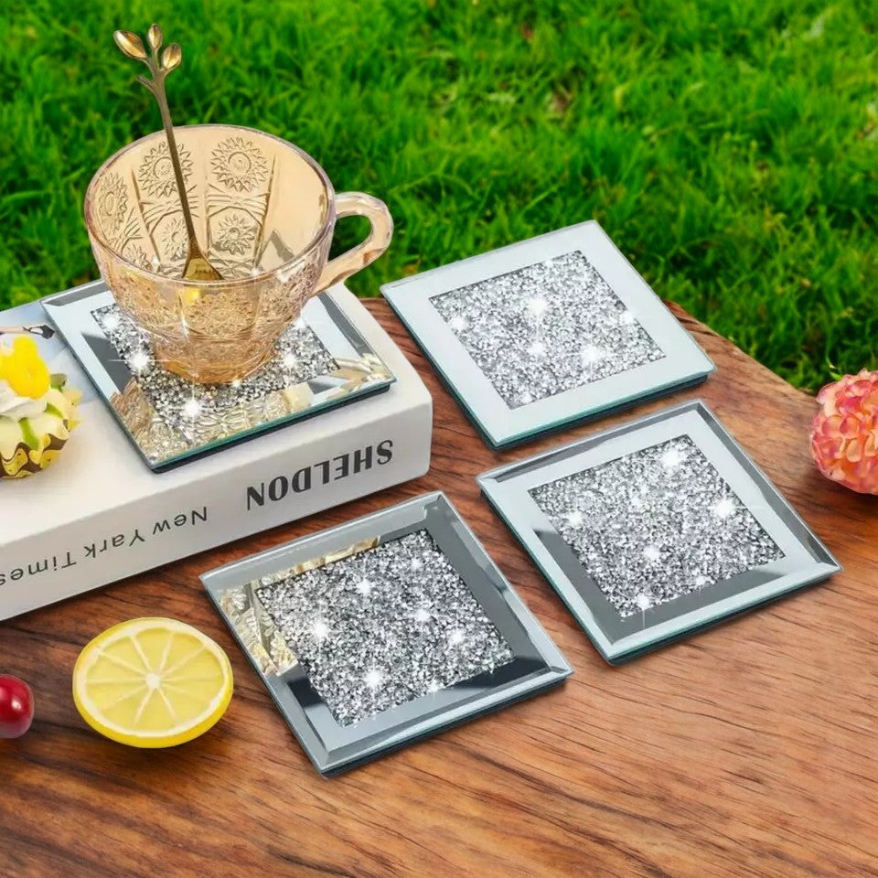 Serena's® Set of 4 Crystal Coasters – 10cm Glass Mirrored Drink Coasters with Glitter Crushed Diamond Design – Elegant Coasters for Home, Kitchen, Bar, or Table Decoration