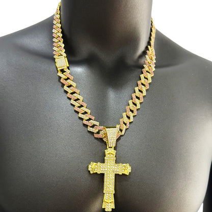 Hip-Hop Plus Size Large Pendant Full Rhinestones Double Layer Thickened Cross Hollow Buckle 14mm Wide Cuban Chain Necklace New Product Creative