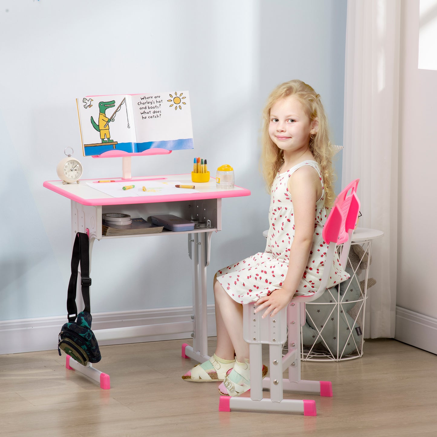Kids Desk and Chair Set Adjustable Height Study Table Set w/Drawer, Book Stand, Pen Slot