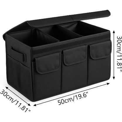 Car Boot Organiser with Lid Foldable Collapsible Storage Box 50x30cm Thickened Base Accessory Compartments Luggage Sorting Bin for Cars SUVs & Vans Black