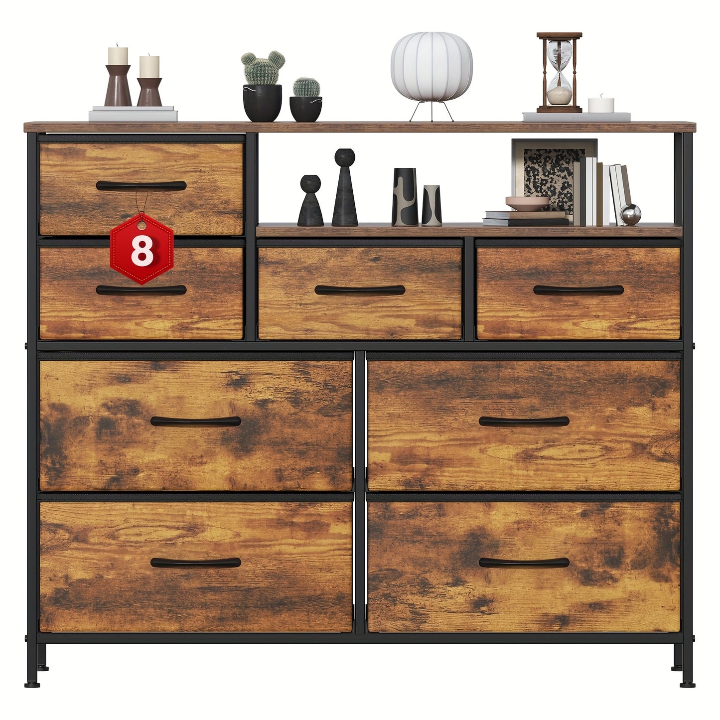 8 Drawer Chest of Drawers with Fabric Fronts & Wooden Top – Large Storage Dresser Organiser Unit for Bedroom & Living Room