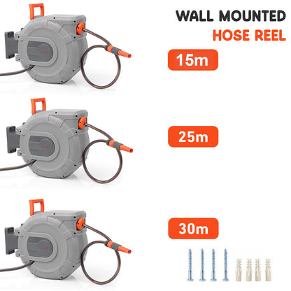 Hose Reel – Wall Mounted Hose Reels for Garden, Retractable, Auto Lock & Auto Rewind Pipe 180°, Includes Wall Fixings & Ready for Outdoor Use with Nozzle, Accessories, Grey