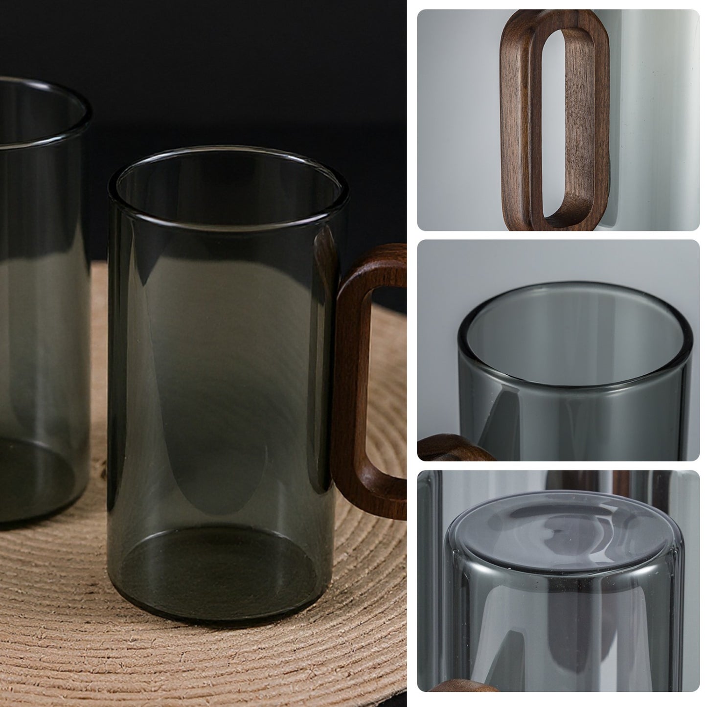 6pcs Glass Water Cups with Wooden Handle, 360mL Smoky Blue Drinking Glasses for Tea, Coffee & Cold Beverages, Modern Household Living Room Cups