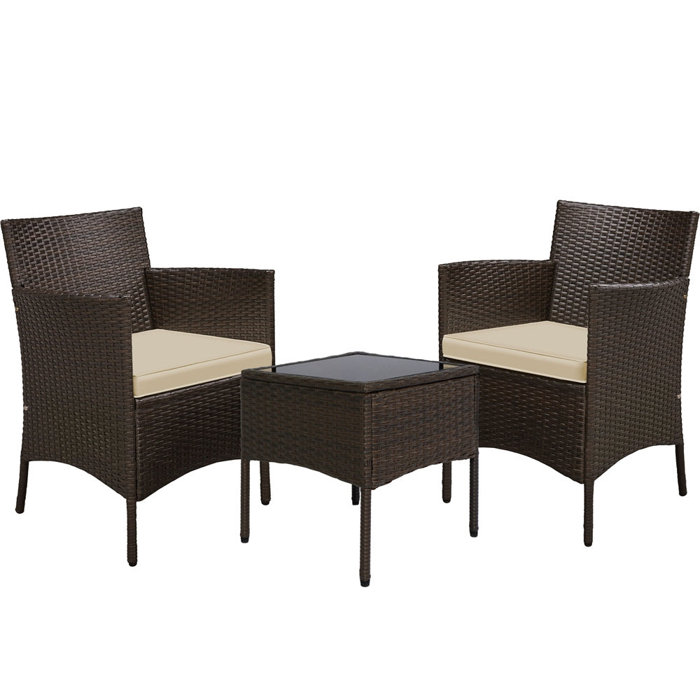 Costoffs Set of 3 Patio Table and Chairs, Outdoor Wicker Conversation Furniture Set, 2pcs Woven Rattan Chairs with Cushions and 1 Side Table