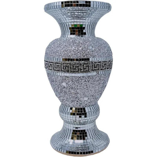 Crushed Diamond Ceramic Silver Vase, Diamante Bling Home Ornament, 30cm, Sparkly Mirrored Flower Vase