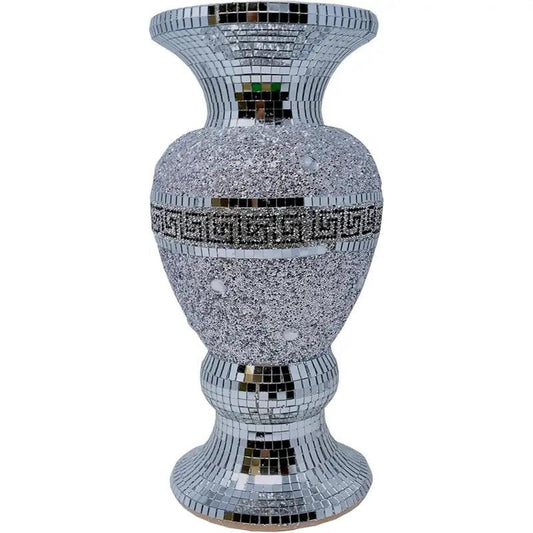 Crushed Diamond Ceramic Silver Vase, Diamante Bling Home Ornament, 30cm, Sparkly Mirrored Flower Vase