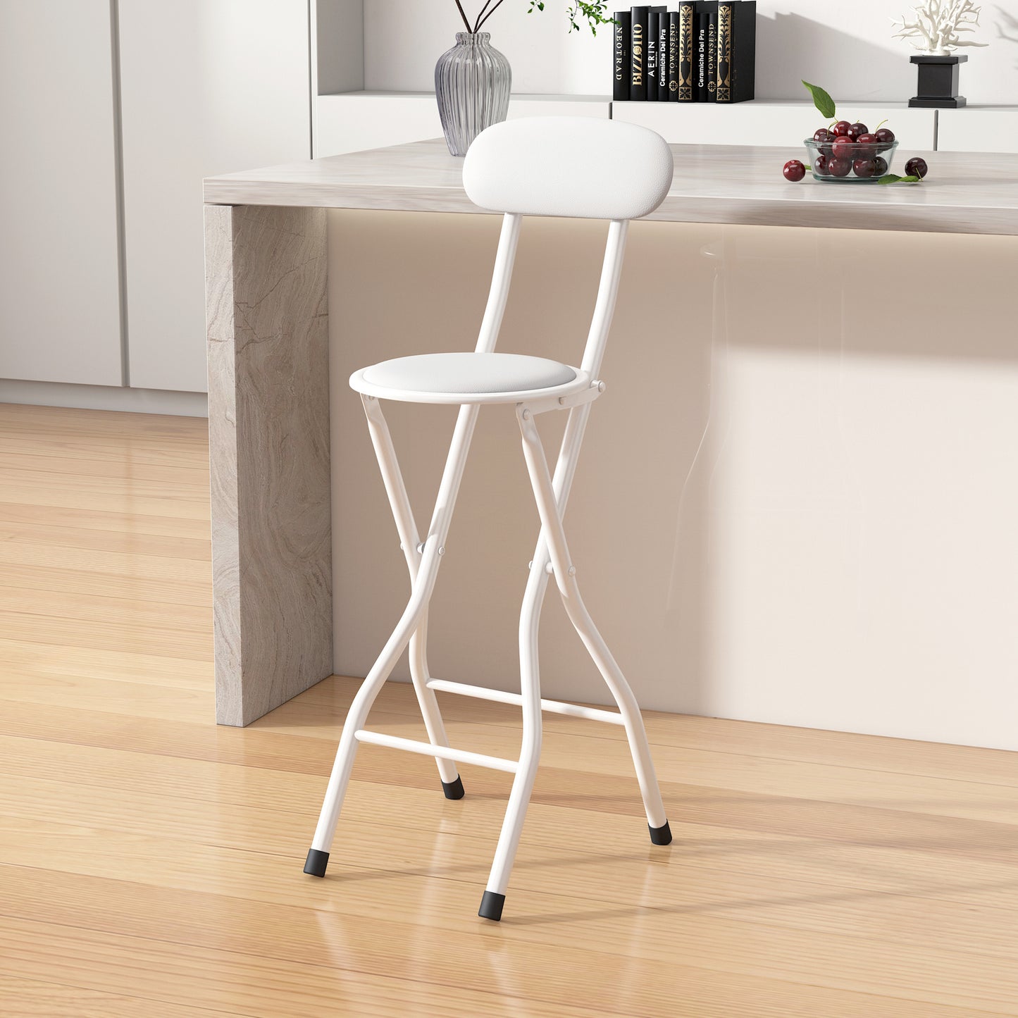 Set of 1 Folding Bar Stool, Breakfast Barstool Kitchen Restaurant Seating, Faux Leather Foldable Chair with Metal Frame, Padded High Chair