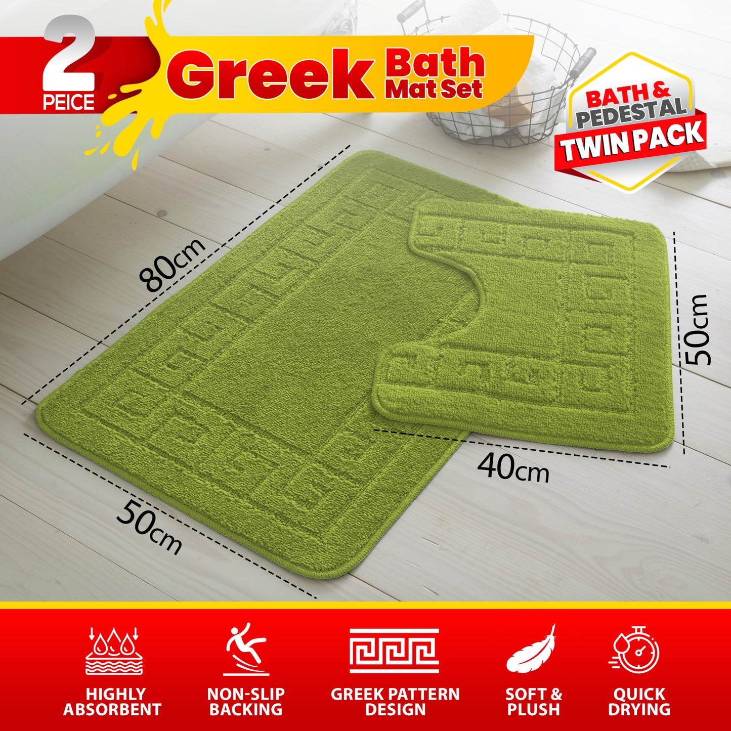 GC GAVENO CAVAILIA 2 Piece Greek Pattern Bathroom Mat Set | Soft & Plush 100% Polyester Bath Mat and Pedestal Rug | Non-Slip Backing, Highly Absorbent, Quick Drying |Machine Washable Bathroom Rugs | Ideal for Everyday Use | LOCAL WAREHOUSE | UK BRAND