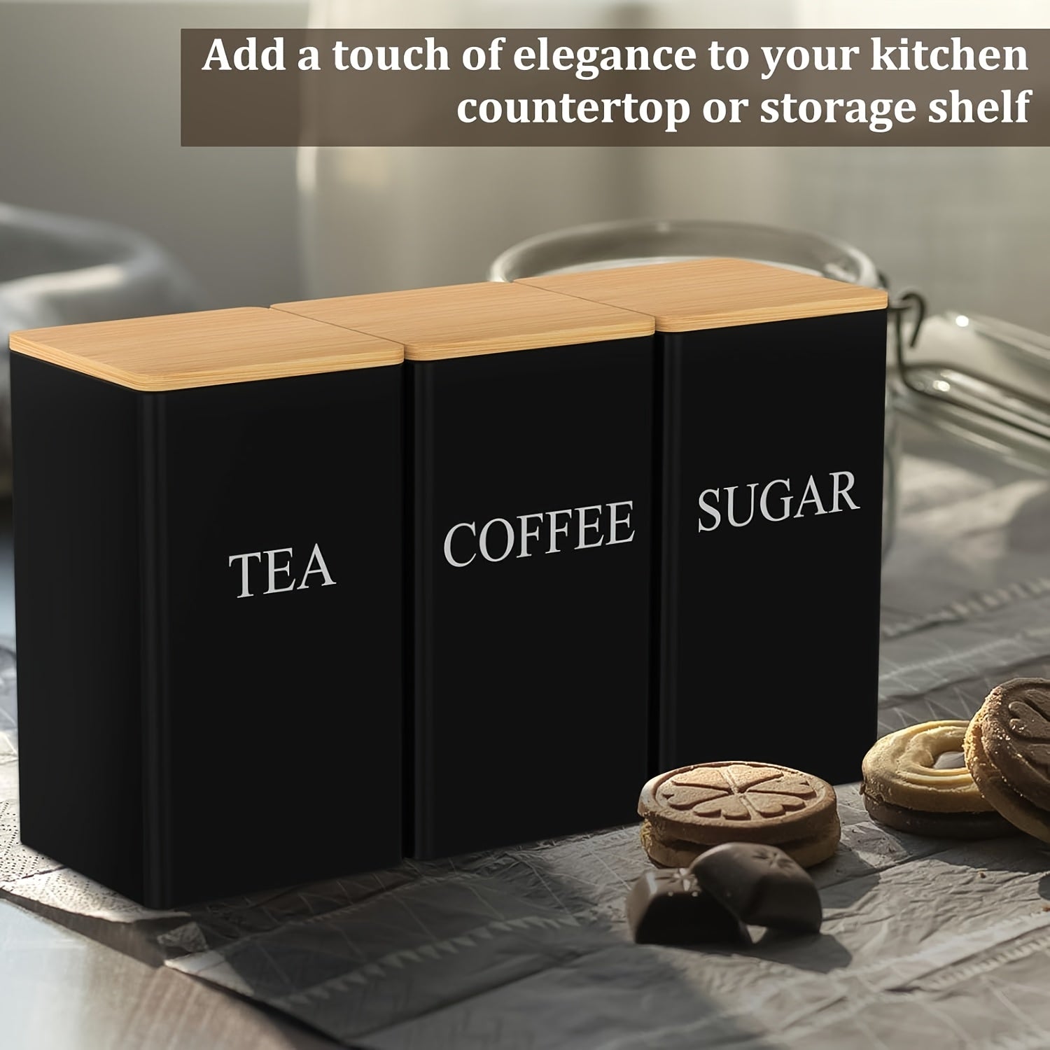 Tea Coffee Sugar Canister Set 3 Piece – Black Metal Kitchen Storage Jars with Airtight Bamboo Lids, 1400ml Each, Stylish Countertop Containers for Coffee, Tea & Sugar Storage