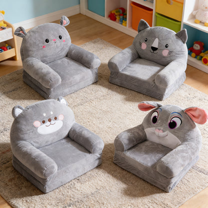 Cozy Kid Folding Sofa, Plush, Washable Lounge Chair for Playroom & Nursery, Gray Dog Style Foldable Wide Handle Soft Breathable Toddler Chair for Reading Relaxing Sleeping