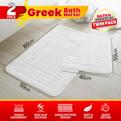 GC GAVENO CAVAILIA 2 Piece Greek Pattern Bathroom Mat Set | Soft & Plush 100% Polyester Bath Mat and Pedestal Rug | Non-Slip Backing, Highly Absorbent, Quick Drying |Machine Washable Bathroom Rugs | Ideal for Everyday Use | LOCAL WAREHOUSE | UK BRAND