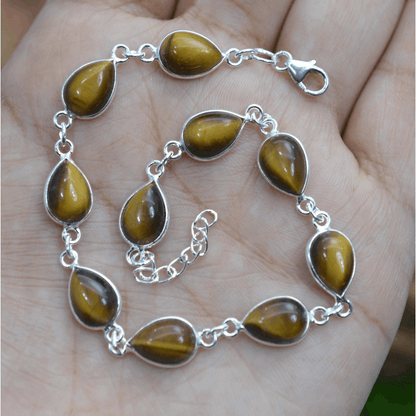 925 Sterling Silver Natural Gemstone Adjustable Bracelet ~ Teardrop Link Bracelet ~ Simple Elegant Jewelry