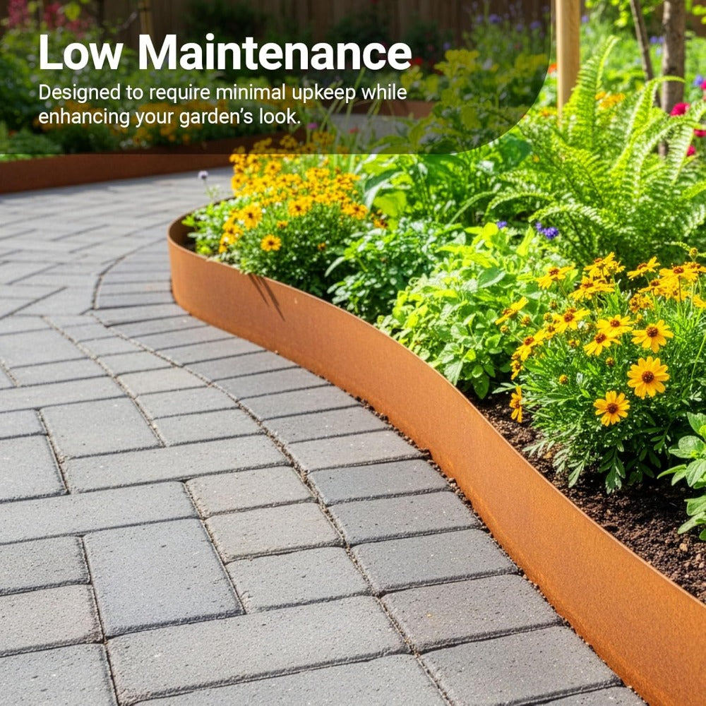 Corten Steel Lawn Edging 15cm x 5m – Pre-Aged Rust Finish, 0.3mm Thick Metal Garden Border for Lawns, Flower Beds & Gravel Paths | Gloves Included