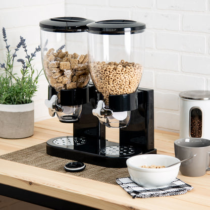 Black Plastic Dual-Chamber Grain Dispenser, Kitchen Oats and Snacks Storage Container, Breakfast Cereal Dispenser, 4L Large Capacity