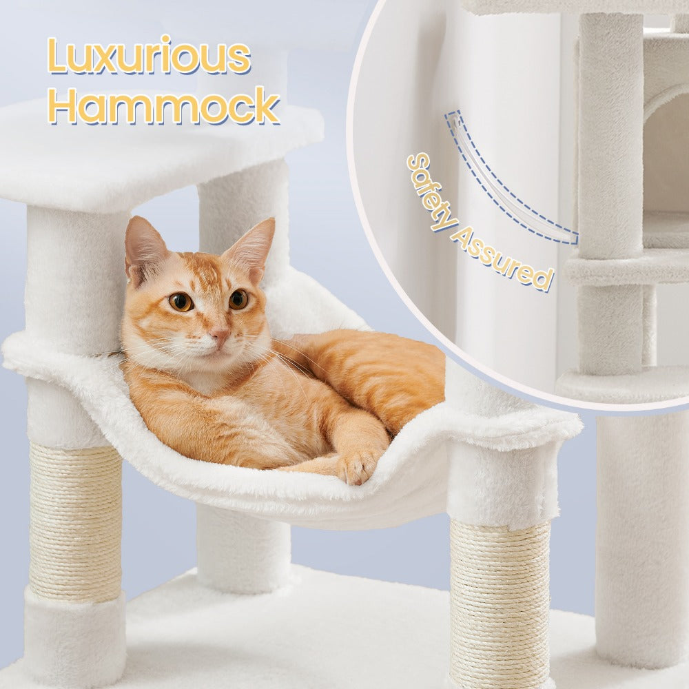 112cm Cat Tree Multi-Level Plush Tower Condo with 4 Scratching Posts, Hammock, Cave & Platforms – Stair-Step Design with Hanging Toys | Easy Assembly Indoor Cat Furniture | Pink White Beige Grey | UK