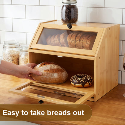 Double Layer Bread Box for Kitchen Counter, 2 Decker Large Wooden Bread Bin, Corner Bread Storage Container with Acrylic Windows, Dry Food Container with Air Vents to Keep Fresh, Self Assembly