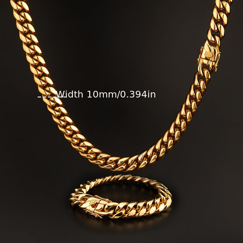304L 304L Stainless Steel Artificial Round Polished Surface Plated 18K Gold Plated Width 10Mm Golden Cuban Bracelet 'Necklace' Suitable for Men And Women Hip Hop Fashion Accessory Jewelry