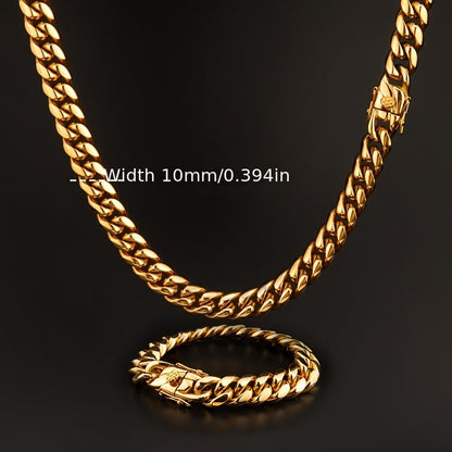 304L 304L Stainless Steel Artificial Round Polished Surface Plated 18K Gold Plated Width 10Mm Golden Cuban Bracelet 'Necklace' Suitable for Men And Women Hip Hop Fashion Accessory Jewelry